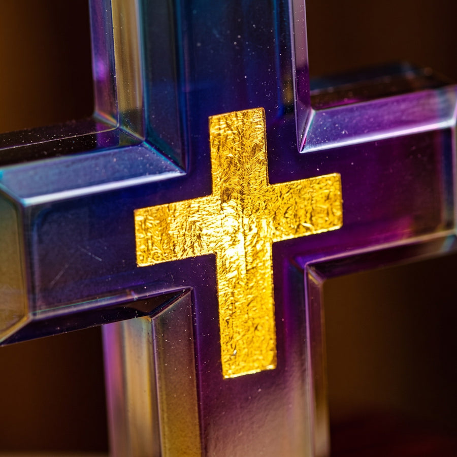 Close-up of the glowing gold center of the cross