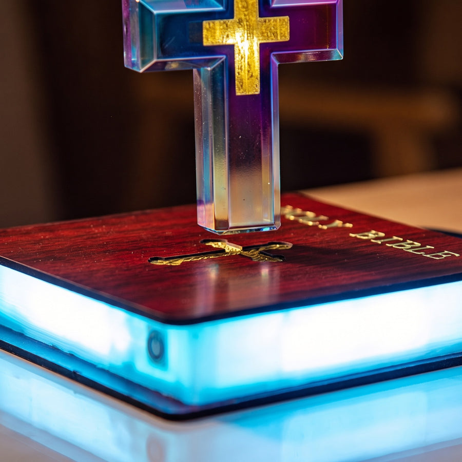 Close-up of the cross floating above the cut-out in the glowing base