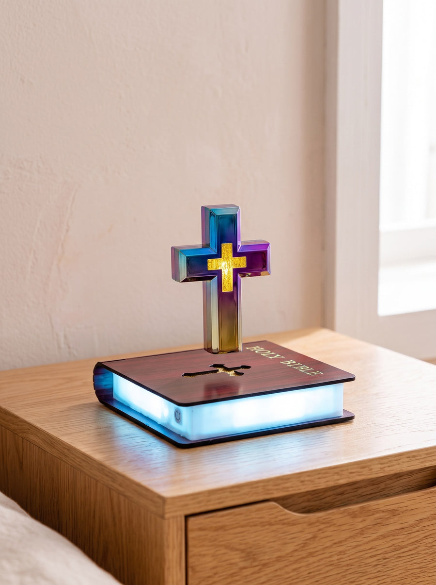 The Risen Cross floating on an oak nightstand in daylight