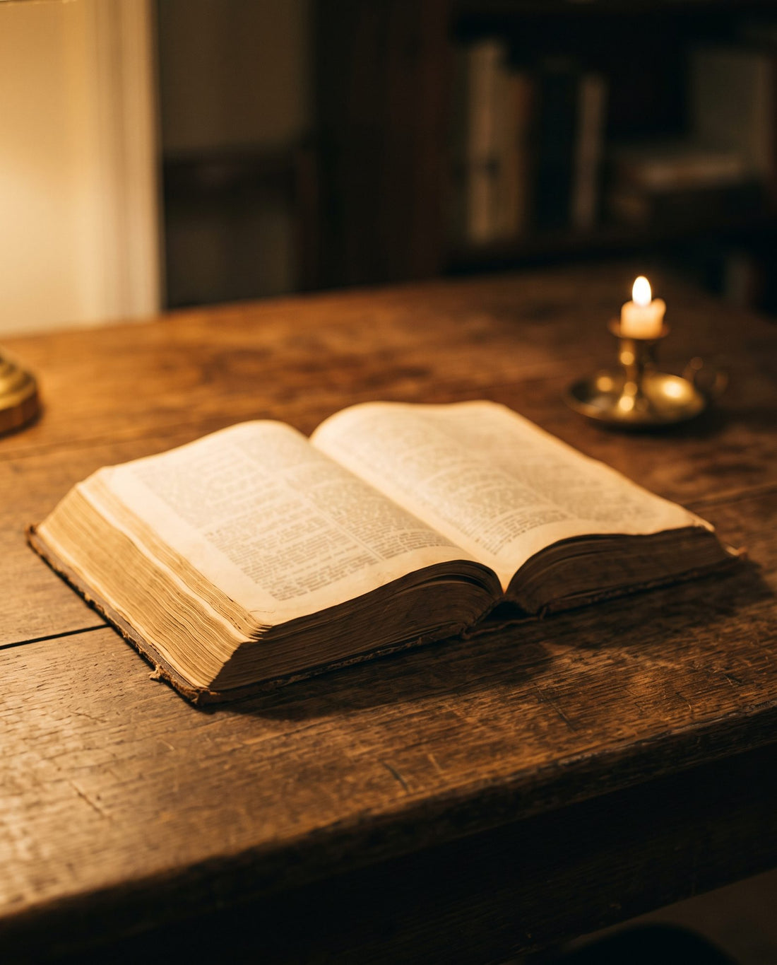 An open Bible on an oak table with a lit candle behind it