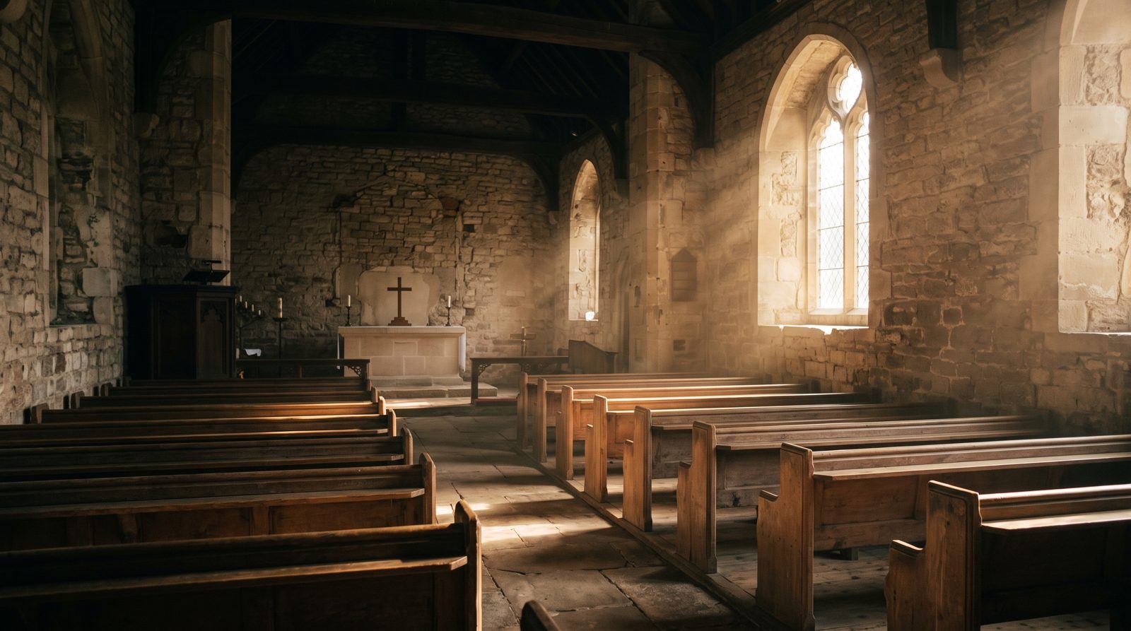Morning light falling through a chapel window across wooden pews