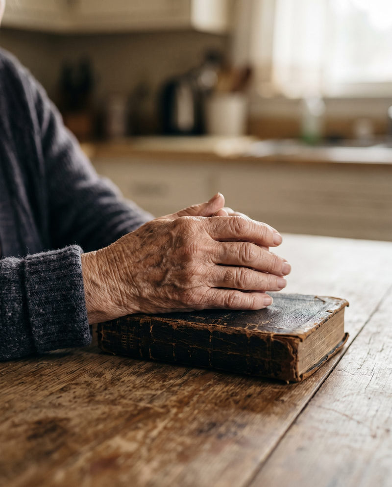 An elderly woman's hands folded in prayer on an old Bible
