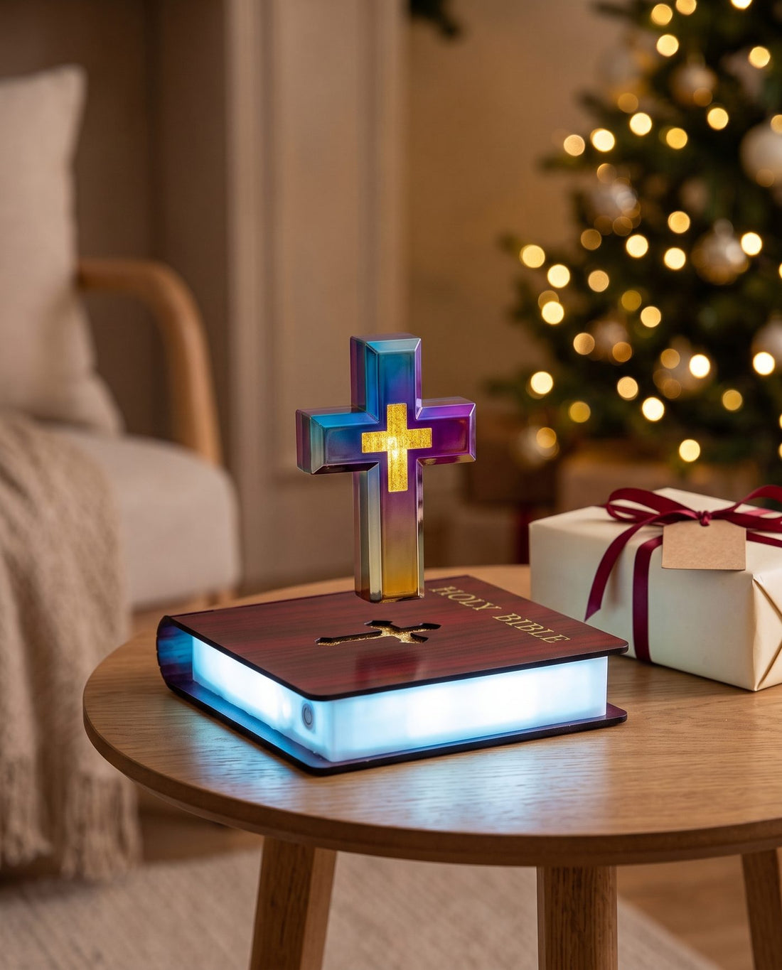 The Risen Cross glowing on a side table next to a wrapped Christmas present