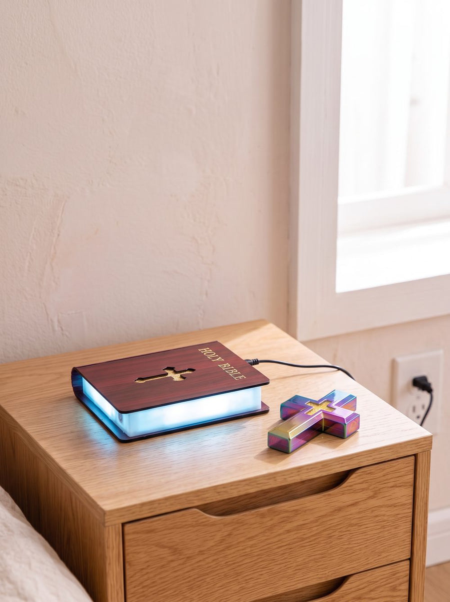 The base plugged into a wall outlet, glowing, with the cross lying next to it